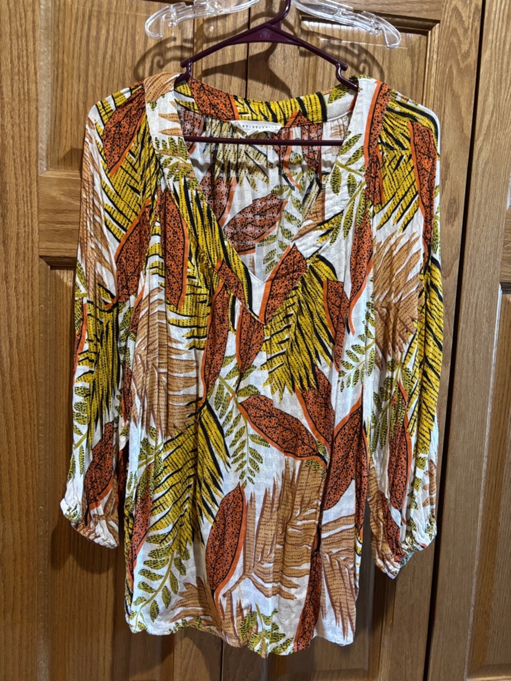 Jane and Delancey White V-Neck Tunic with Orange, Yellow & Brown Leaf Print